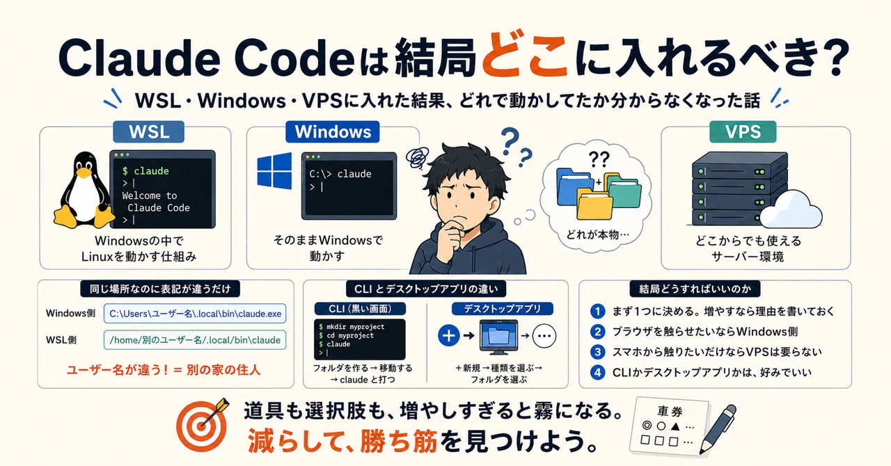 Claude Codeは結局どこに入れるべき？WSL・Windows・VPSに入れた結果、どれで動かし…