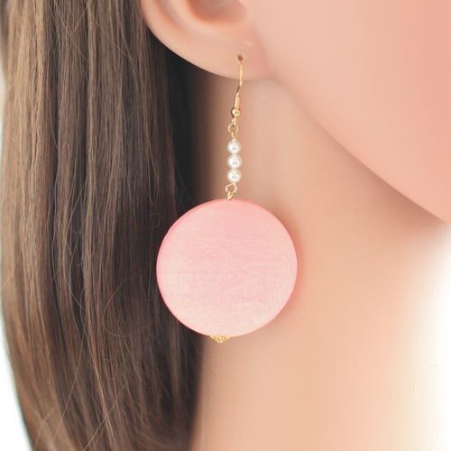 大きな木の円と小粒なパールの大ぶりピアス イヤリング 一点もの Nemomo Note