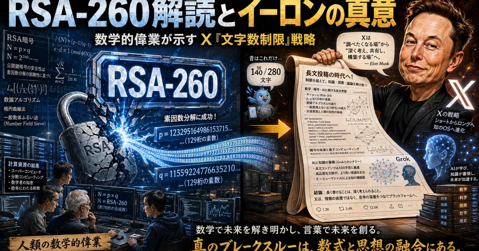【貴重】スーパー算数テキスト❾ 考察】RSA-260解読とイーロン・マスク「文字数制限」の真意――数学的