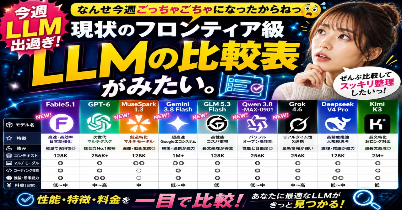 今週LLM出過ぎ】現状のフロンティア級LLMの比較表がみたい。なんせ今週