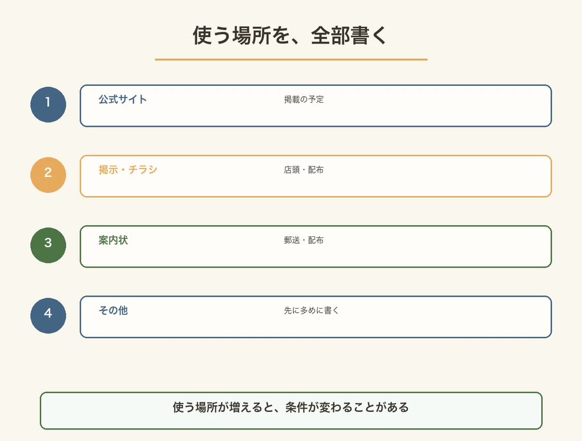 公式サイト・掲示やチラシ・案内状・その他を、使う場所として先に多めに書き出した四つの図