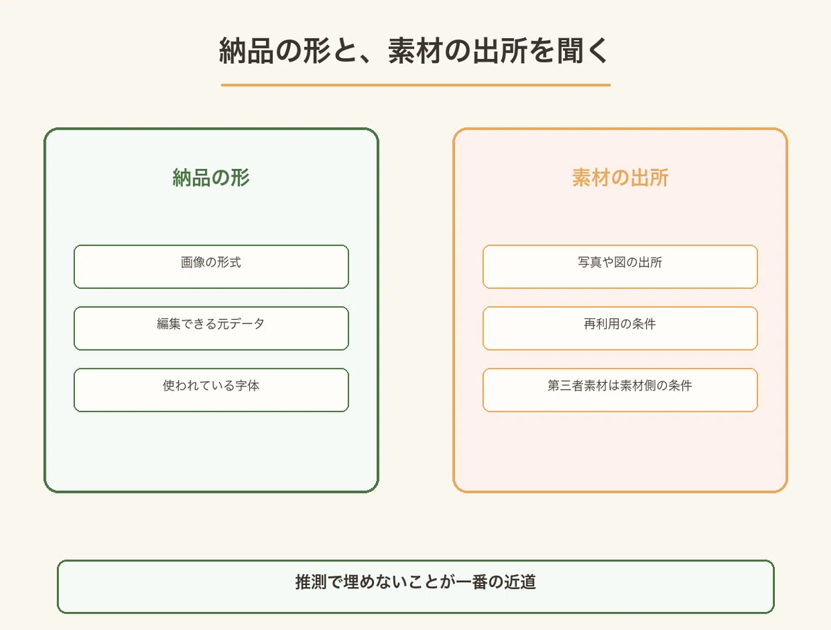 画像形式や元データや字体という納品の形と、写真や図の出所や再利用条件という素材の出所を並べた図