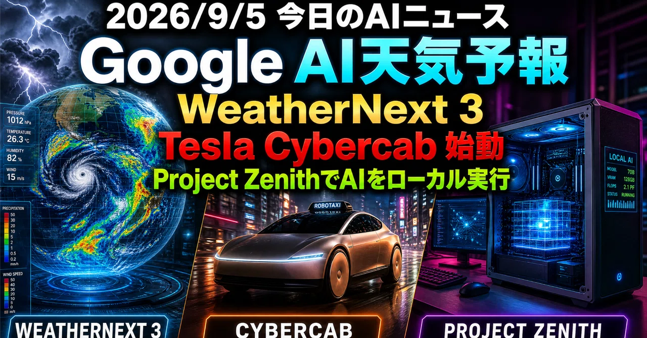 【2026/9/5】今日のAIニュースまとめ｜GoogleのAI天気予報「WeatherNext 3」が1時間ごと・5km精度に／Teslaの ...