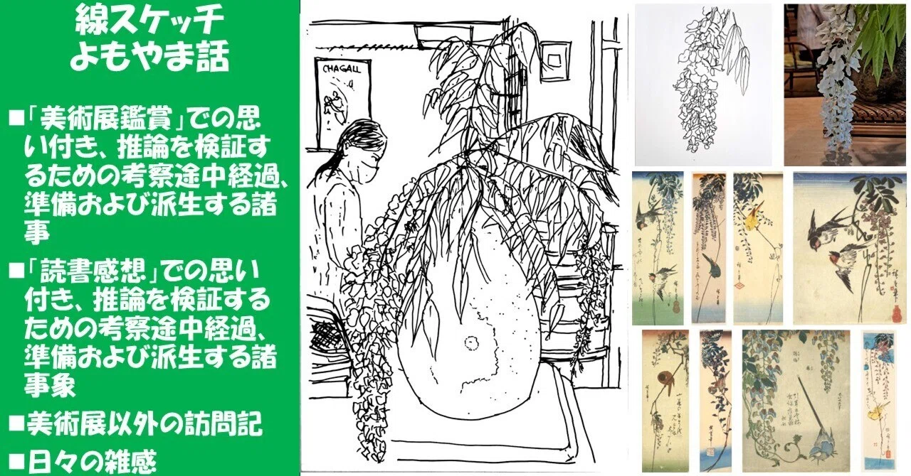 2026花スケッチ＞府中・「カフェ開」教室の《藤の花》スケッチ、広重