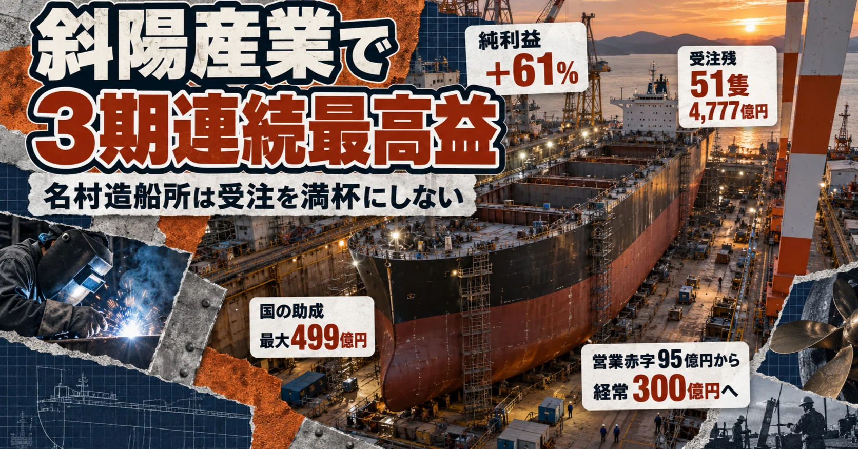営業赤字95億円から3期連続最高益へ。名村造船所が世界シェア1%未満の