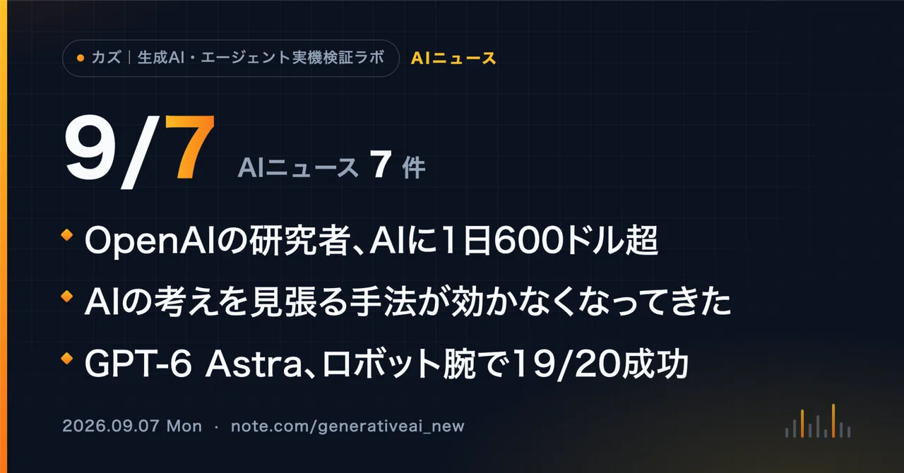 9/7 AIニュース】OpenAIの研究者、AIに1日600ドル超｜カズ｜生成AI