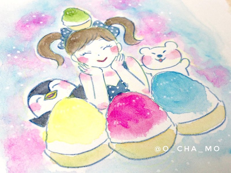 夏の透明水彩イラストまとめ かき氷にスイカにひまわりに動物に女の子 おちゃも イラストレーターハンドメイド作家 Note