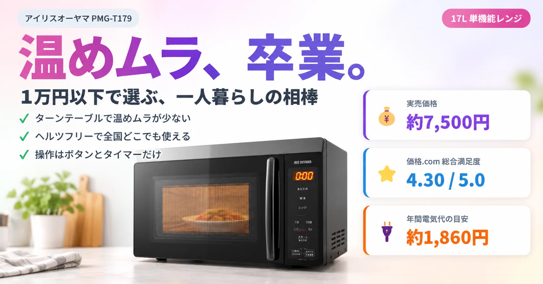 1万円以下なのに温めムラ知らず？アイリスオーヤマ電子レンジ17L PMG
