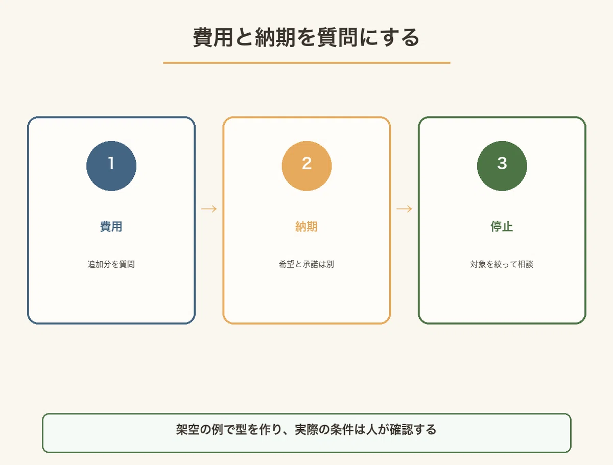 費用：追加分を質問、納期：希望と承諾は別、停止：対象を絞って相談の三段階を示す図