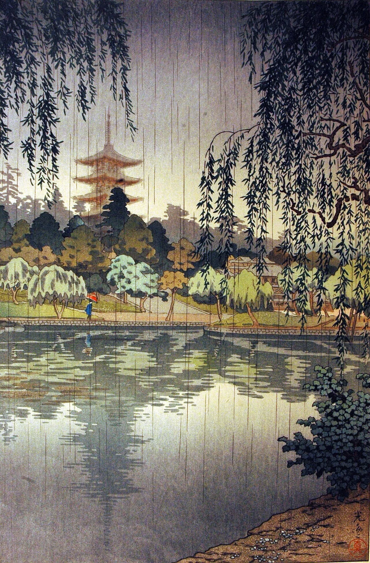 雨にけぶる池と柳、樹間にのぞく五重塔を描いた浮世絵。夜から雨へと変わる奈良の空模様をしのばせる一枚です。