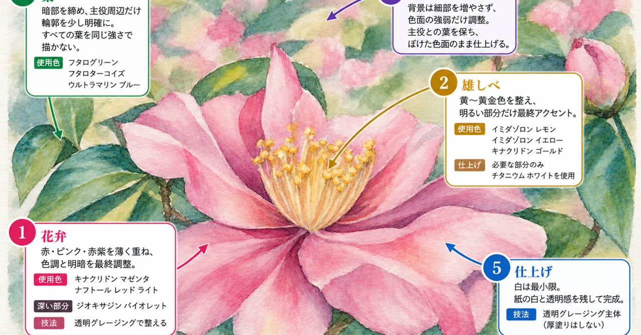描き方解説:GPT]《テスト02:要修正》源氏山公園の山茶花:アクリル画