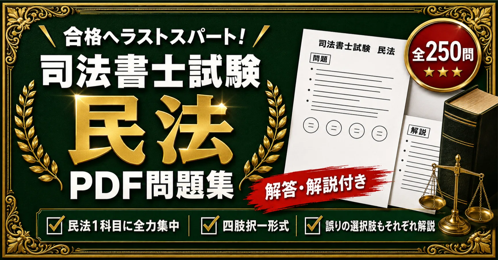 司法書士試験 民法】対策問題集 全250問＋解答・解説付き｜スタディ