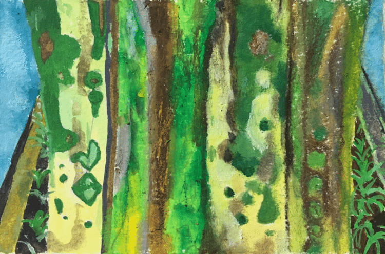 画題『苔る木』
散歩道沿いに、苔びっしりの木が立ってます。日頃から気になってて、ついに、4方向からの見た木を合体させ、1本の大木に描き上げました。
画材も、左から水彩、クレパス、油彩、パステルの4種です。

#404美術館  #アーティスト
#画家　#1日1絵　#現代アート