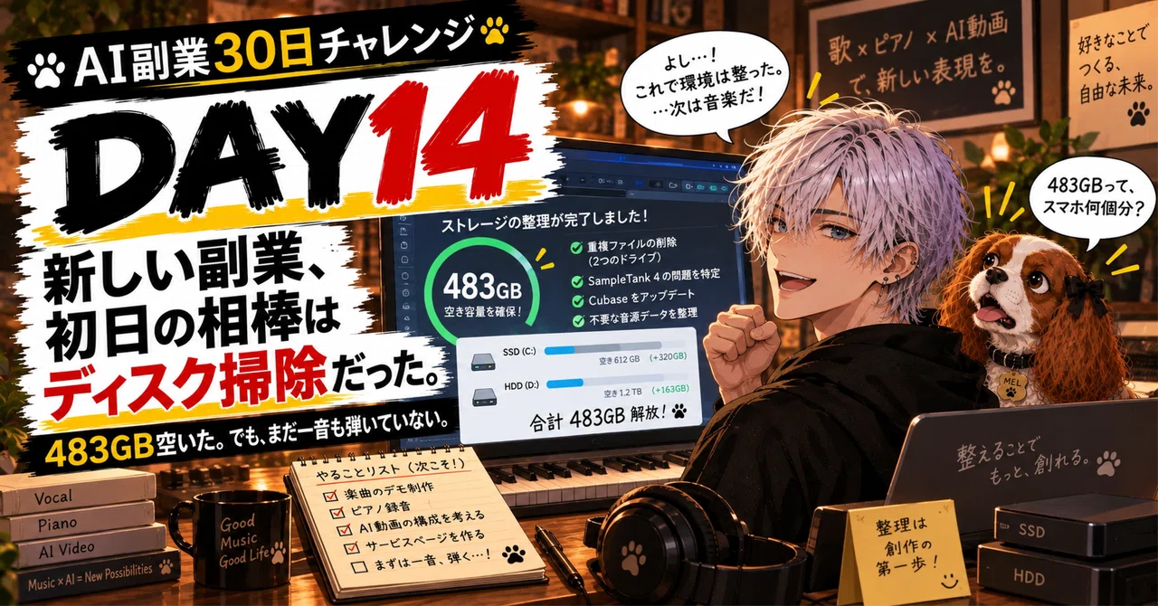 AI副業30日チャレンジ DAY14｜ピアノを弾く前に、まず483GB捨てることになった