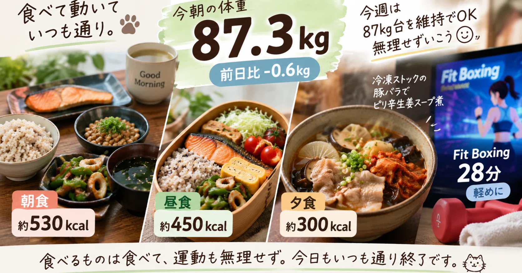 ダイエット ダイエット記録：Day17】87.3kgをキープ。食べて動くいつもの一日