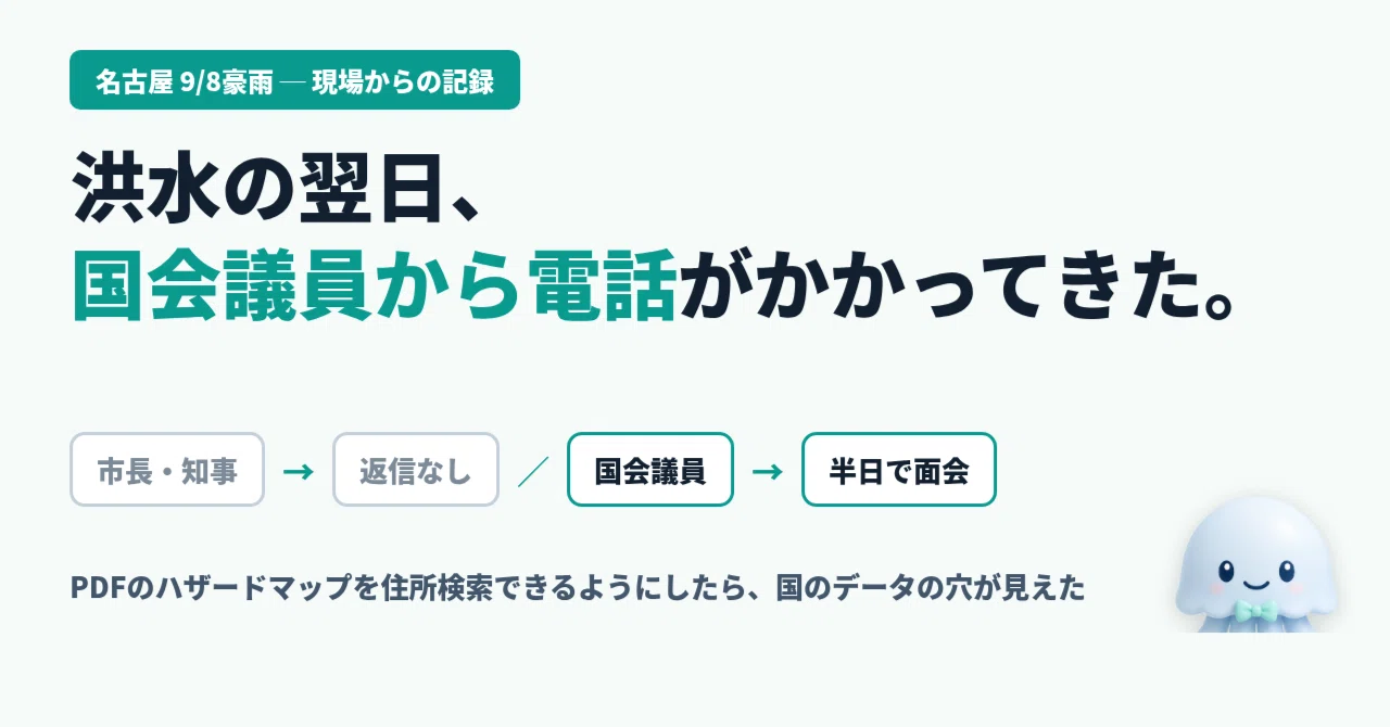 洪水の翌日、国会議員から電話がかかってきた——市長も知事も返信なし。名古屋の豪雨でハザードマップを作って分かった「誰が動くのか」|BittensorMan
