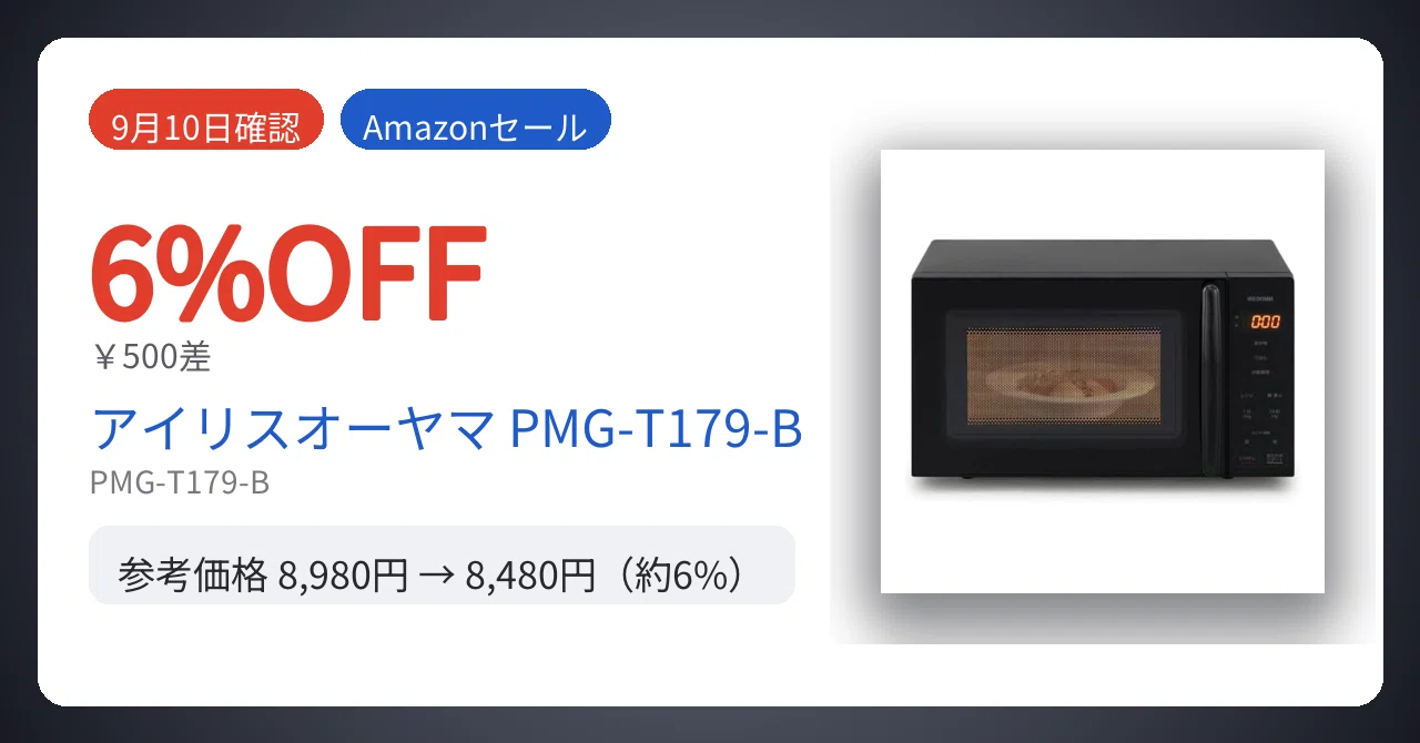 9月10日確認】￥500差。電子レンジ アイリスオーヤマ PMG-T179-Bが6