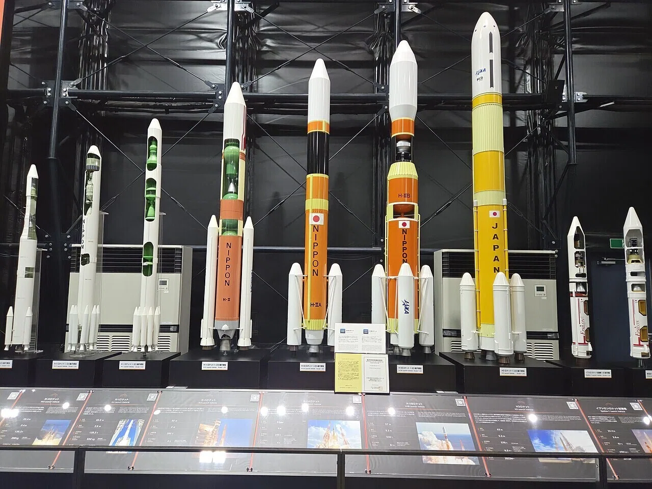 筑波宇宙センターに展示される歴代ロケットの縮尺模型が並ぶ様子。失敗と成功を重ねる日本の基幹ロケット開発の歩みを振り返る節にふさわしい。