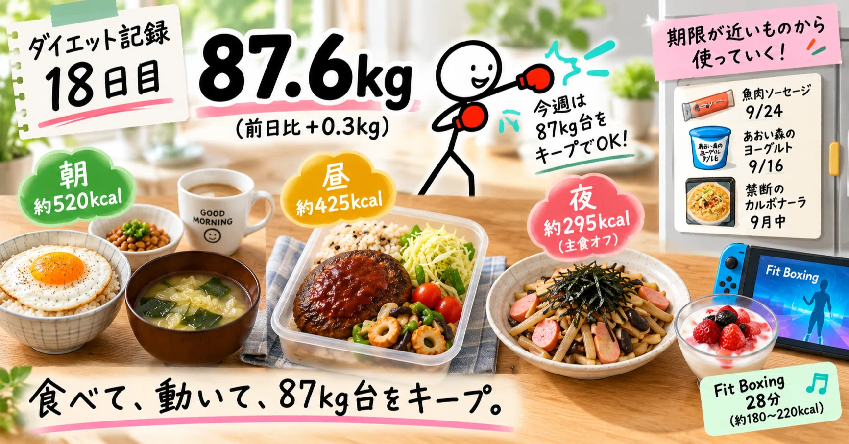 ダイエット記録：Day18】87.6kg。予定変更でも1,240kcal＆夜の主食オフ