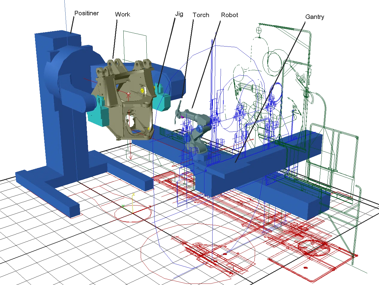 溶接ロボットの作業セルをシミュレーションで確認するオフライン教示のイメージ。教示の手間をどう省けるかは、次節の実利の話にもつながる。