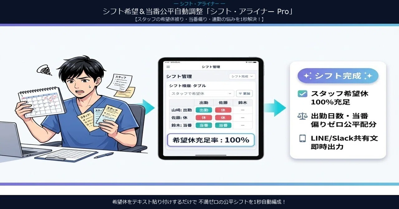 管理職・リーダー必見】希望休パズル＆当番を公平自動編成「シフト