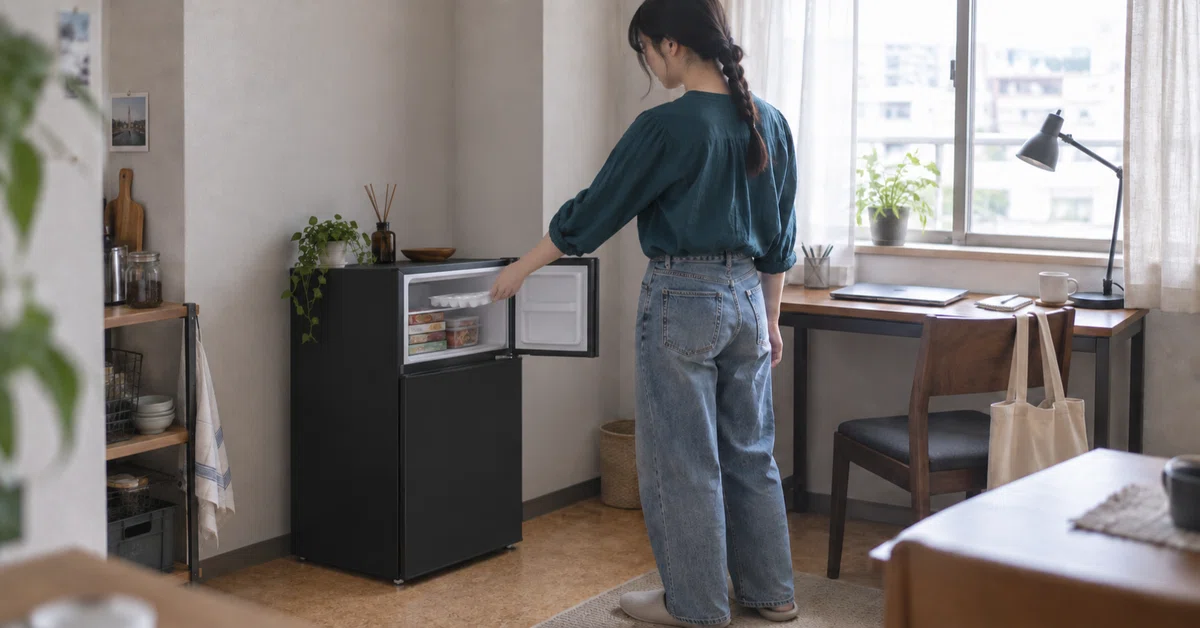ONE STEPの60L黒い2ドア冷蔵庫で始める身軽な暮らし｜キツネ｜コラム