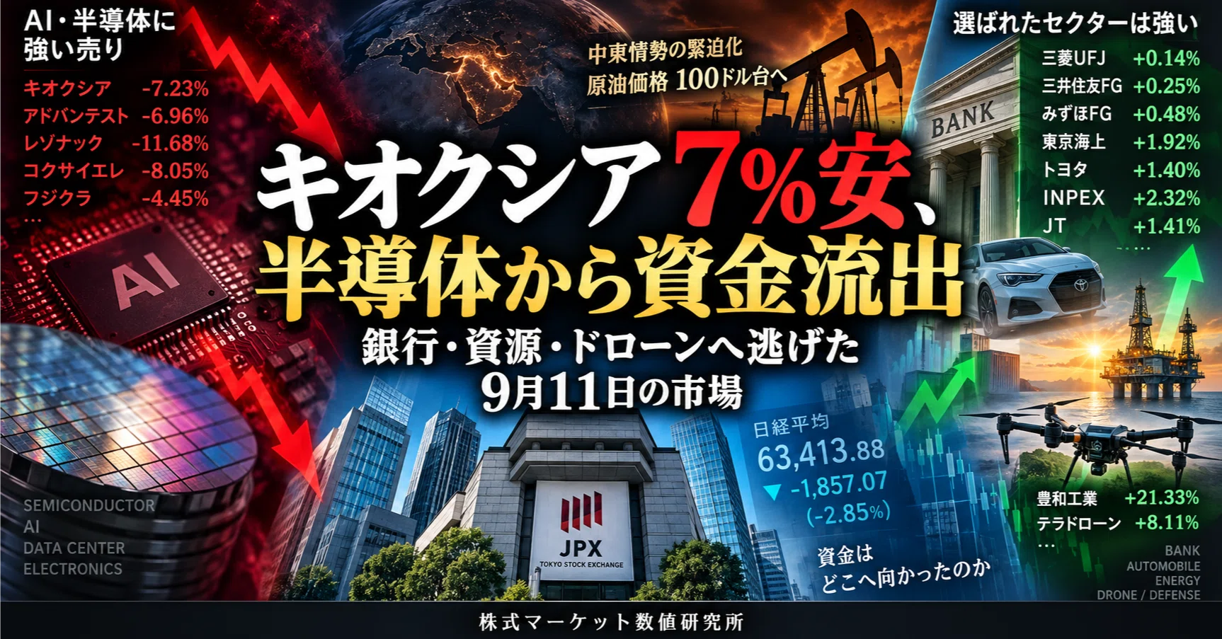 キオクシア7%安、半導体から資金流出 銀行・資源・ドローンへ逃げた9月