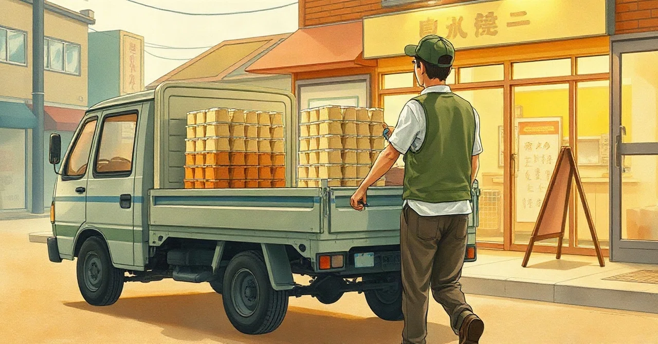 上田の、軽トラ。荷台の、箱から、パックを、出し、油性ペンで、日付を、書く。