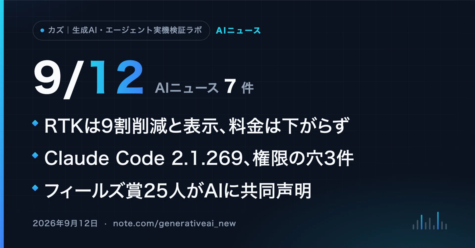 9/12 AIニュース】RTKは9割削減と表示、1,740回試すと料金は下がらず