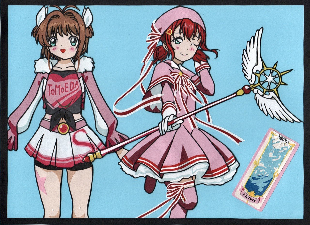 作品コラボさせたA4カラー切り絵。 ラブライブ!サンシャイン!! (黒澤ルビィ) ✖︎ カードキャプターさくら (木之本桜) ||  “カードキャプタールビィ” “友枝中学校スクール｜まゆきみ