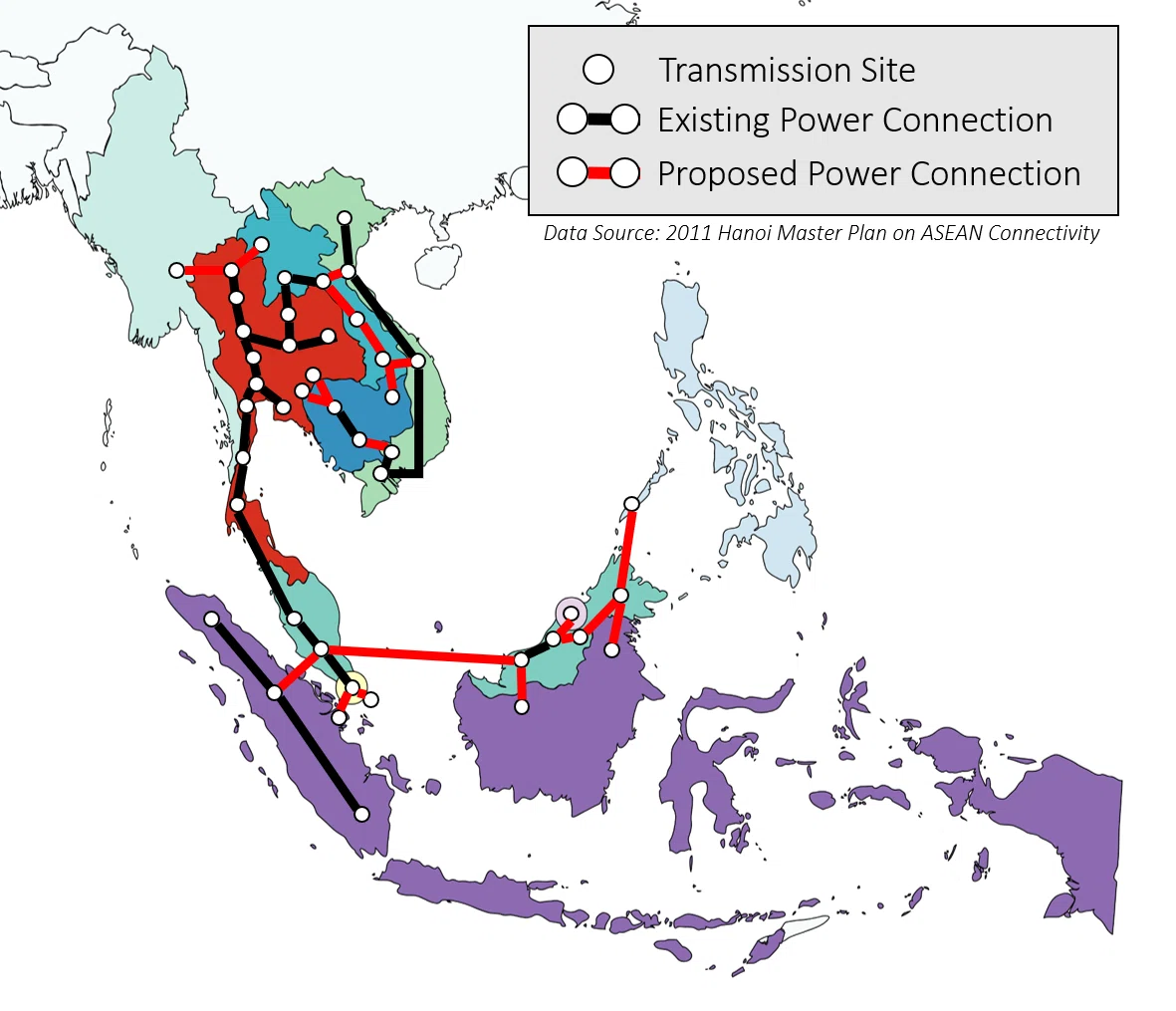 東南アジアの既存・計画中の送電接続を示したASEAN電力網構想の地図で、送電網増強が長期課題であることを示す。次に詰まる電力供給の制約を考える手がかりとなる。
