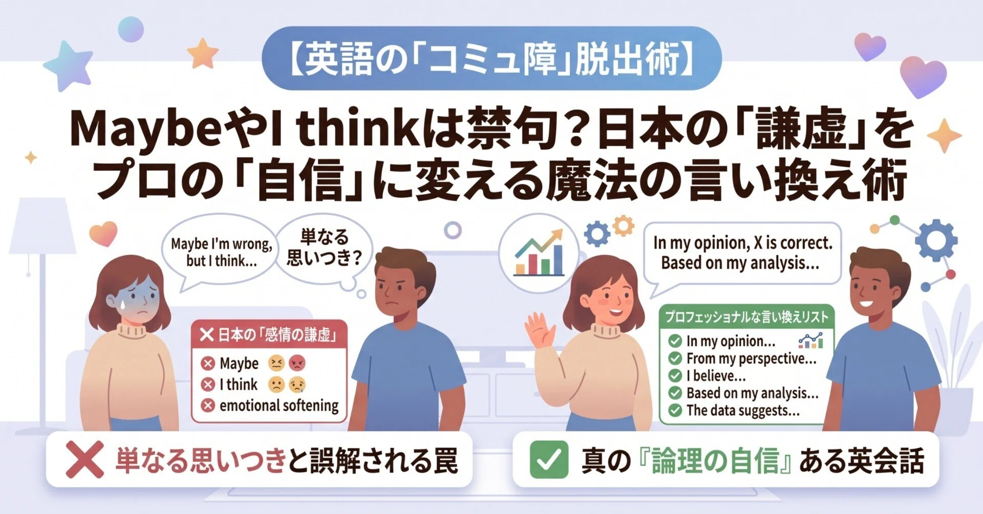 英語の「コミュ障」脱出術】MaybeやI thinkは禁句？日本の「謙虚」を