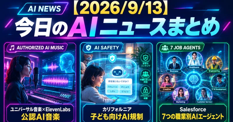 【2026/9/13】今日のAIニュースまとめ｜ユニバーサル音楽とElevenLabsが公認AI音楽プラットフォームで提携／カリフォルニアが子ども向けAIチャットボット規制法を制定／Salesforceが7つの「職業別AIエージェント」を投入