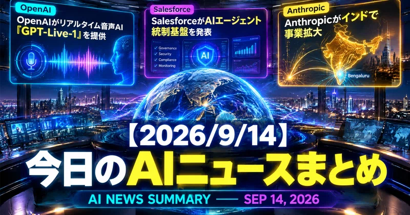 【2026/9/14】今日のAIニュースまとめ｜OpenAIがリアルタイム音声AI「GPT-Live-1」を提供／SalesforceがAIエージェント統制基盤「AI Control Plane」発表／Anthropicがインドで事業拡大