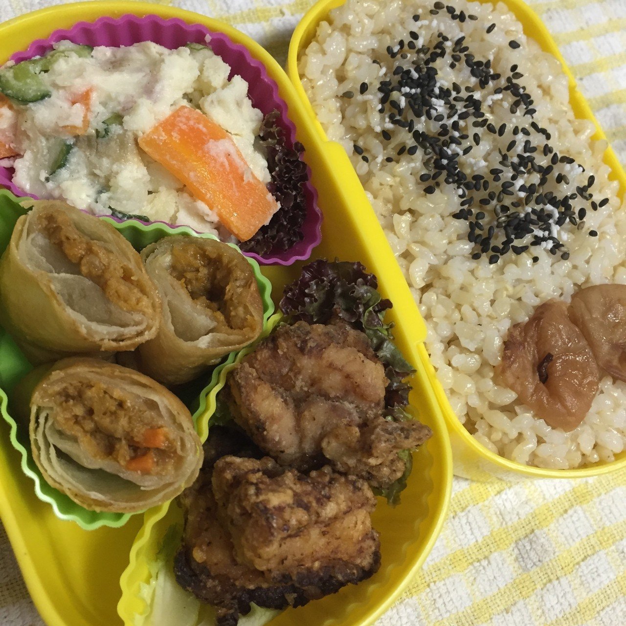 今日のお弁当 ごま塩玄米ご飯焼梅干し付き 昨夜の塩麹鶏唐揚げ ポテトサラダ チーズカレー春巻き 冷食 今日は結構な雨が降っています お弁当 ランチ Lunch 写真 主婦 料理 あおにーな Note 今日のお弁当 ごま塩玄米ご飯焼梅干し付き 昨夜の塩麹鶏唐揚げ ポテトサラダ チーズカレー春巻き 冷食 今日は結構な雨が降っています お弁当 ランチ Lunch 写真 主婦 料理 あおにーな Note