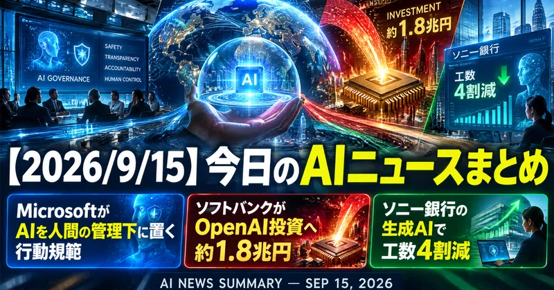 【2026/9/15】今日のAIニュースまとめ｜Microsoftが「AIを人間の管理下に置く」行動規範を発表／ソフトバンクがOpenAI投資へ約1.8兆円を調達／ソニー銀行が勘定系開発に生成AI本格適用で工数4割減