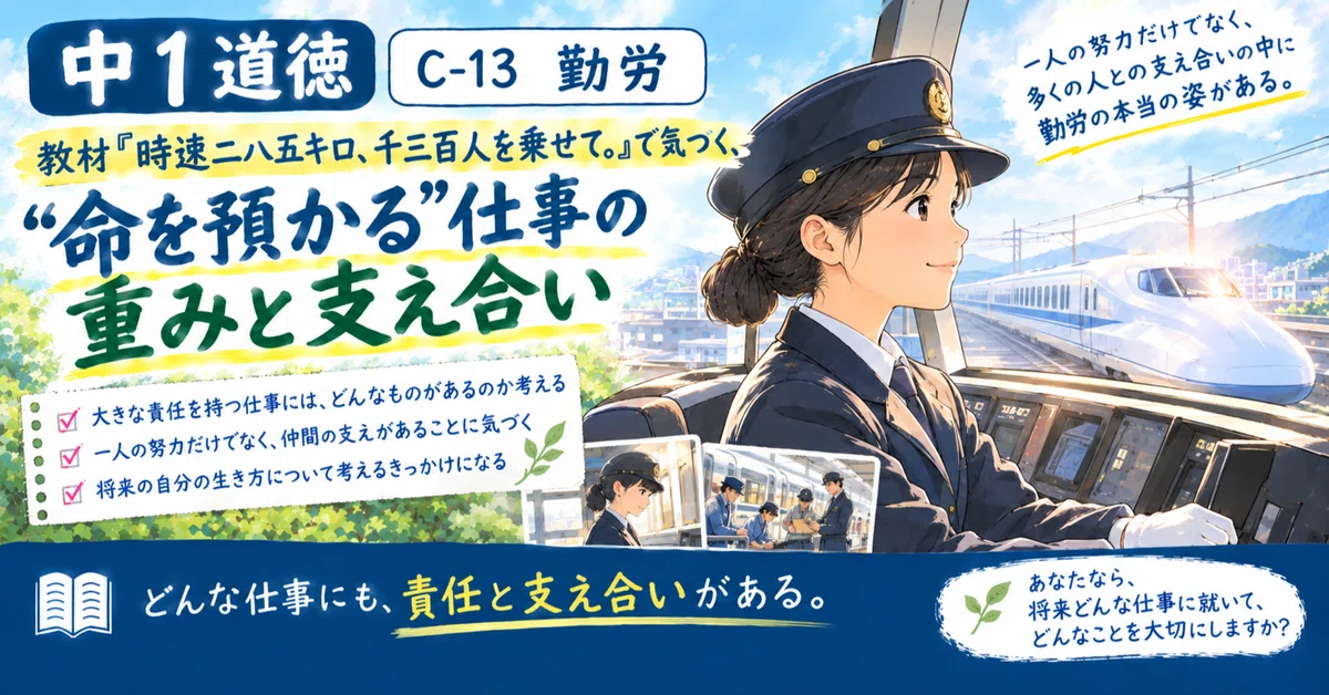 中1道徳・C-13勤労】教材「時速二八五キロ、千三百人を乗せて