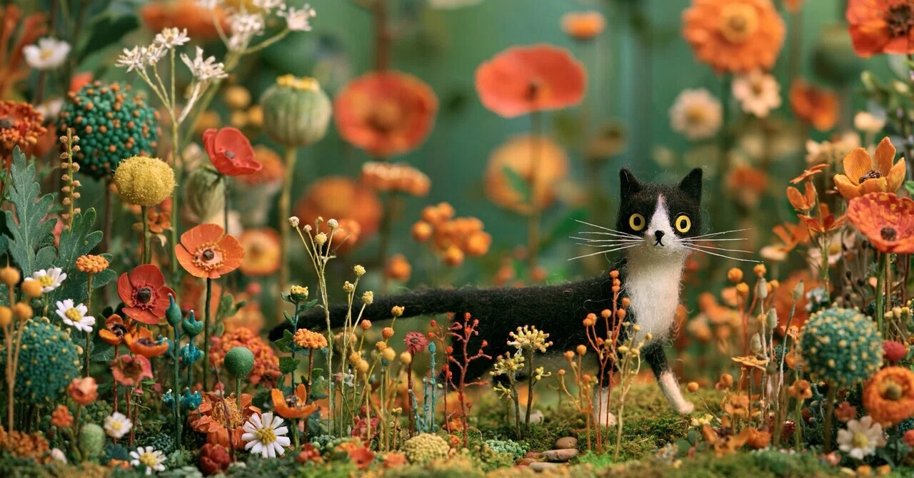 【一作限り】花畑の夕景で小さな幸せを見つめる猫　P953 3行日記』 涼しくて 散歩するのが 気持ちいい 猫も同じく 楽しんでいる