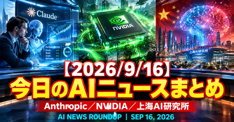 【2026/9/16】今日のAIニュースまとめ｜Anthropicがファイナンシャルアドバイザー向けClaudeを提供／NVIDIAが新チップ「Vera Rubin」で電力あたり性能を大幅向上／上海AI研究所が744B巨大モデル「Atria Dawn」を無料公開