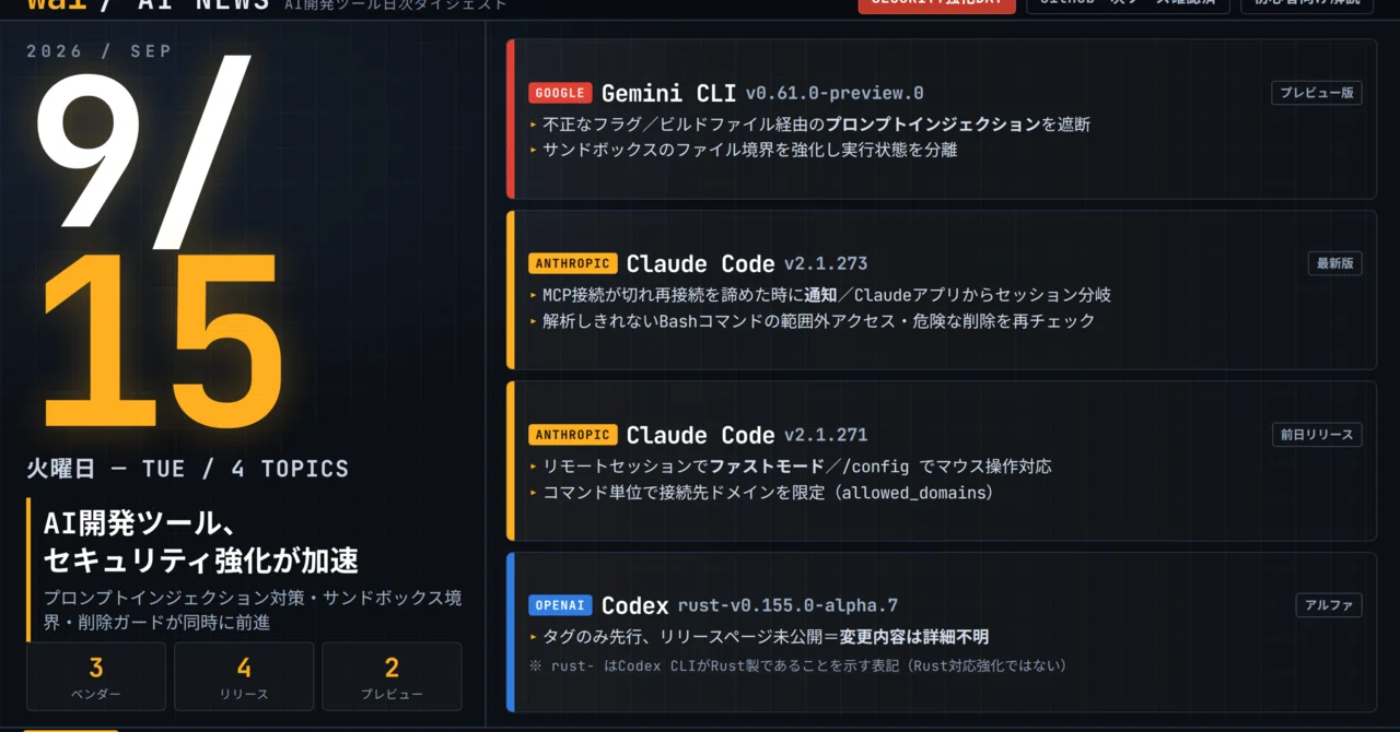 AIニュース9/15】AI開発ツール、セキュリティ強化が一斉前進