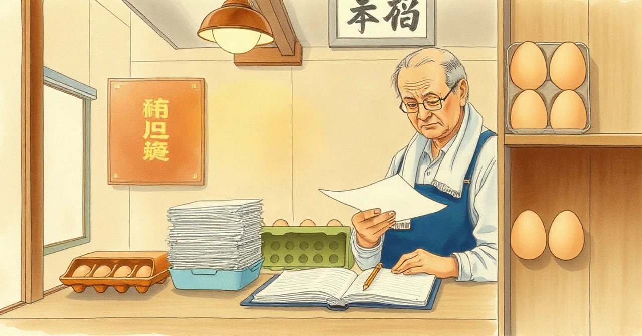 青木商店のカウンターで束を読む青木。帳面を見比べ、鉛筆で丸を書く手元