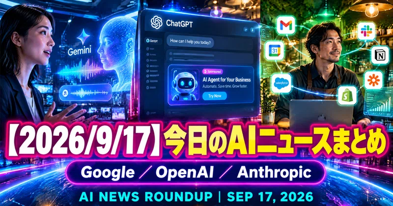 【2026/9/17】今日のAIニュースまとめ｜Googleが音声AI「Gemini 3.8 Live」を提供／OpenAIがChatGPTに「スポンサーAIエージェント」広告を試験導入／AnthropicがClaude for Small Businessに43ワークフロー・27連携を追加