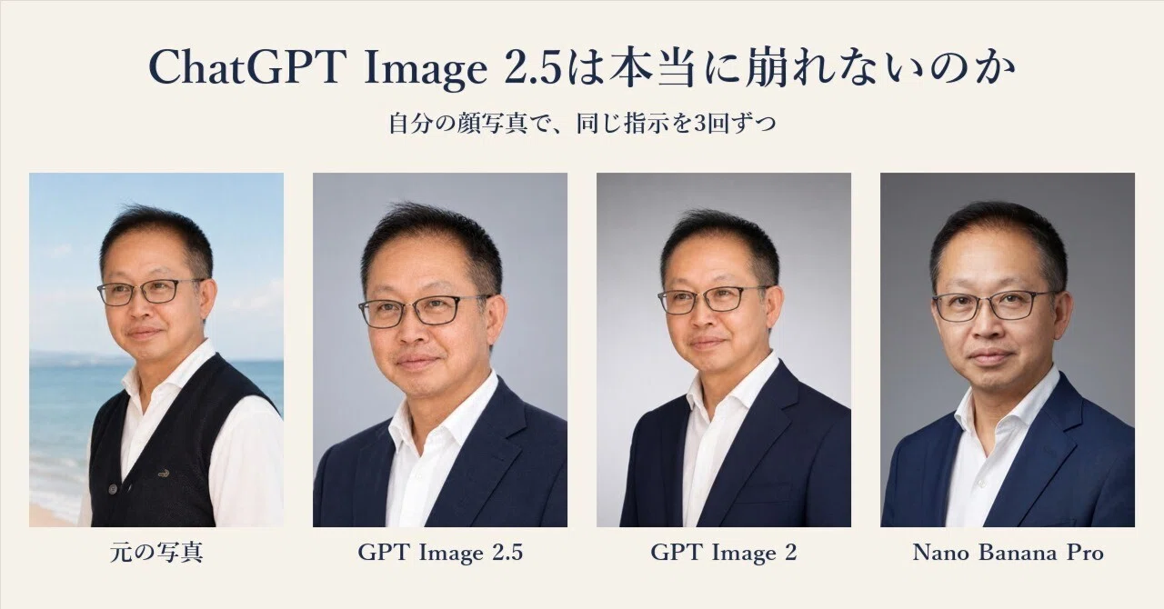 ChatGPT Image 2.5は本当に崩れないのか——自分の顔写真で、同じ指示を3