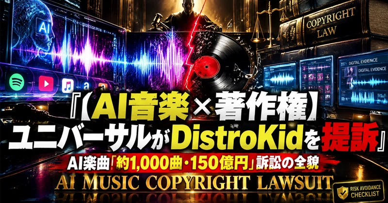 【AI音楽×著作権】ユニバーサルがDistroKidを提訴──AI楽曲「約1,000曲・150億円」訴訟の全貌と、あなたがAI音楽で訴えられないための実務対策《リスク回避チェックリスト公開》