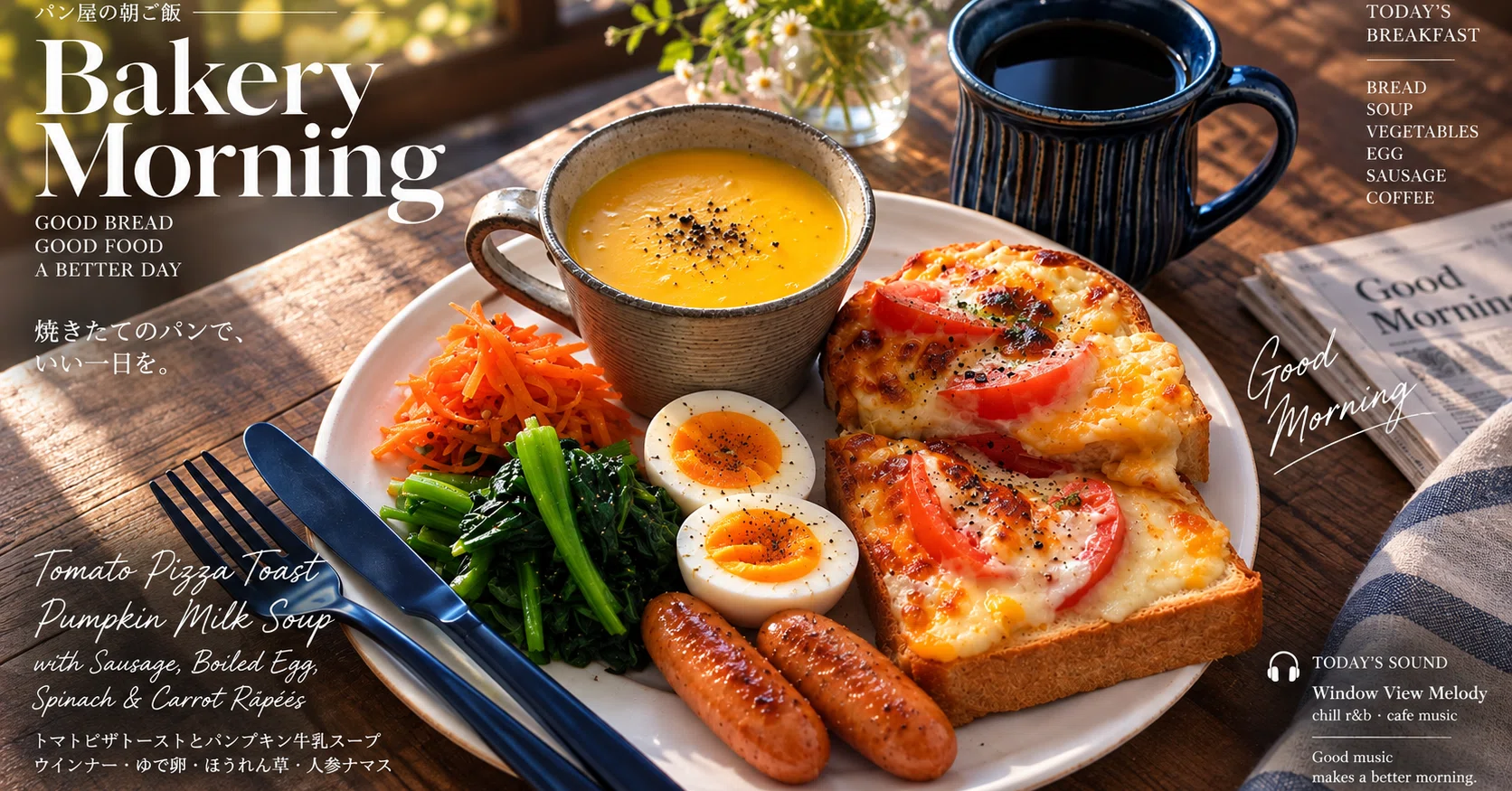 パン屋の朝ご飯／トマトピザトーストとパンプキン牛乳スープ etc