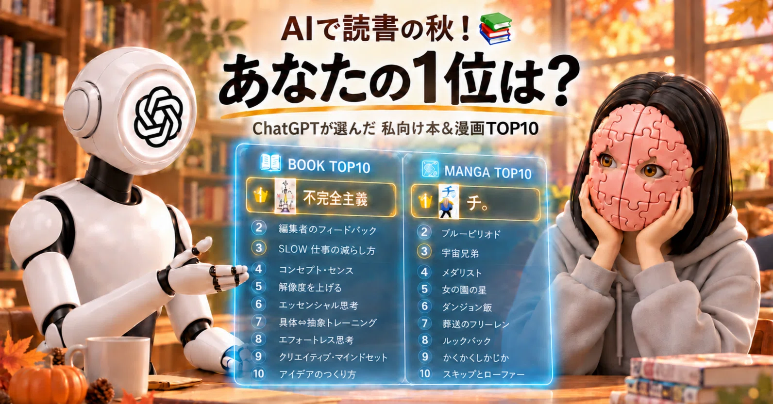 AIで読書の秋！📚 あなたの1位は？ChatGPTが選んだ「私向け本＆漫画