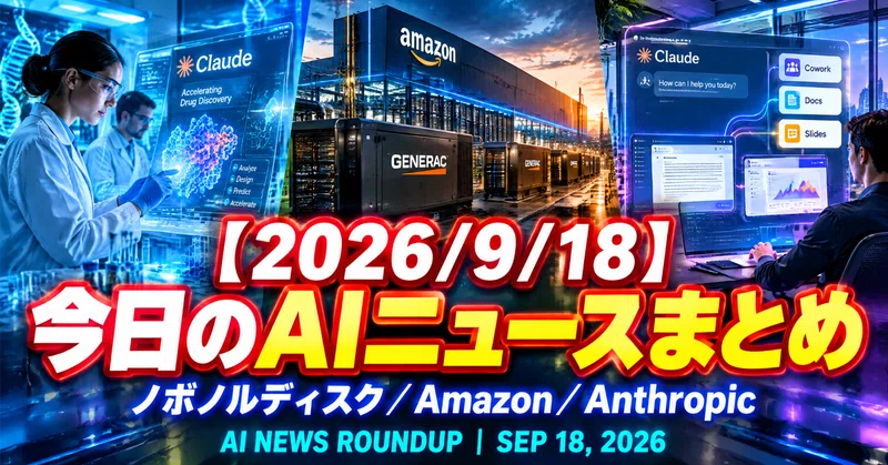 【2026/9/18】今日のAIニュースまとめ｜ノボノルディスクがAnthropicのClaudeで創薬を加速／AmazonがGeneracと約1.2兆円のデータセンター向け電源契約／AnthropicがClaudeのチャットとCoworkを統合しDocs・Slidesを追加