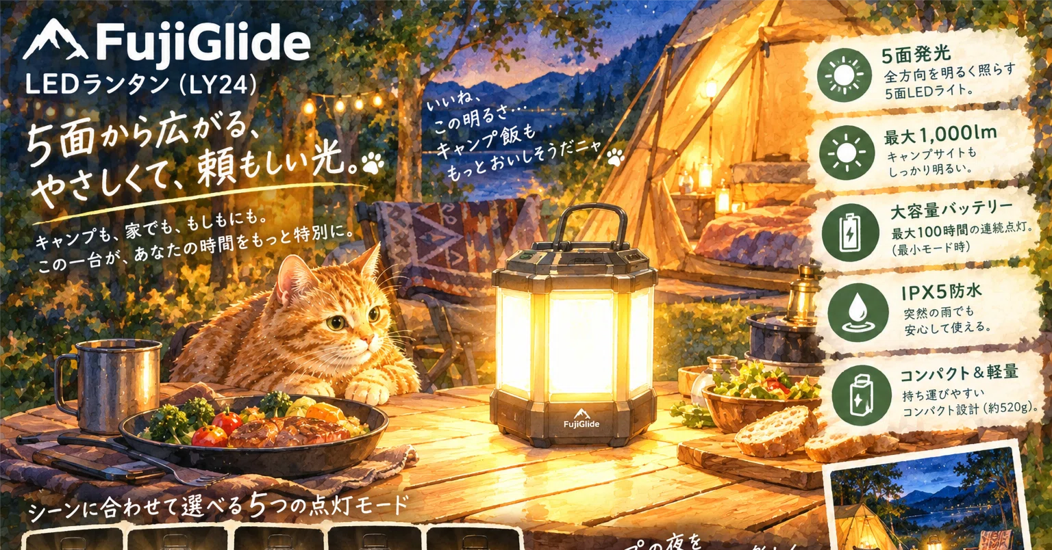 FujiGlide LY24 LED Lantern | 2400 Lumens, Solar Charging