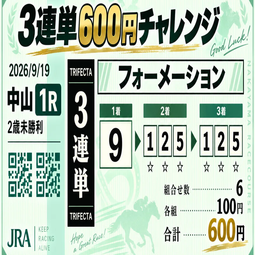2026.09.19】3連単600円チャレンジ｜2歳未勝利（中山1R）｜[MURA