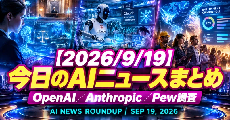 【2026/9/19】今日のAIニュースまとめ｜OpenAIが法律特化AI「Astra for Law」を提供／AnthropicがClaudeで自社AI研究の26%を自動化と公表／Pew調査で世界37カ国「AIは雇用を減らす」との見方が多数